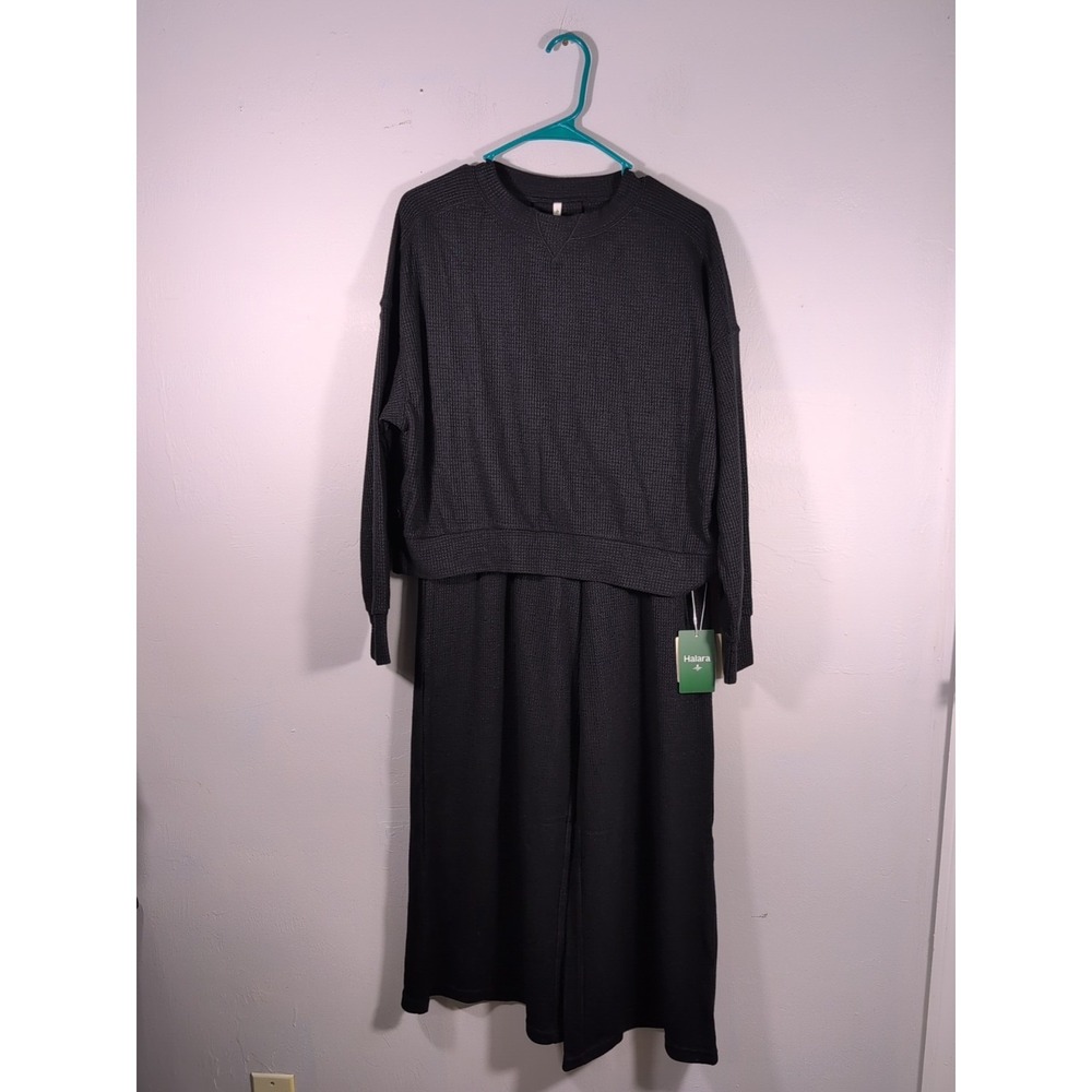 NWT Halara Waffle Knit Black   Wide Leg Athleisure Lounge 2 Piece Set Medium‎